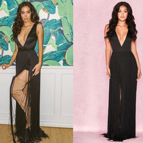 House of CB 'ALEXINA' Black Satin Fringed Maxi Dress LIMITED EDITION NWT